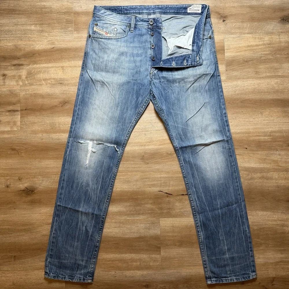 Diesel Braddom Jeans Men 34x32 Blue Slim Carrot Distressed Whiskered Denim 0RBRT